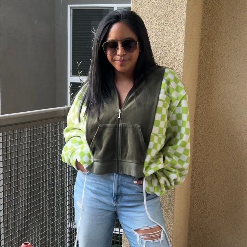 Reworked vintage juicy zip up with green and white checkered print sweater